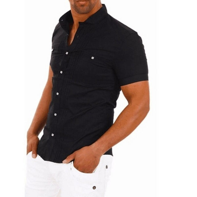 SFIT 2019 Brand Men Casual Short Sleeve Shirt Slim Fit Black White Shirt Stand Collar Patchwork Business Shirt Men Summer Tops