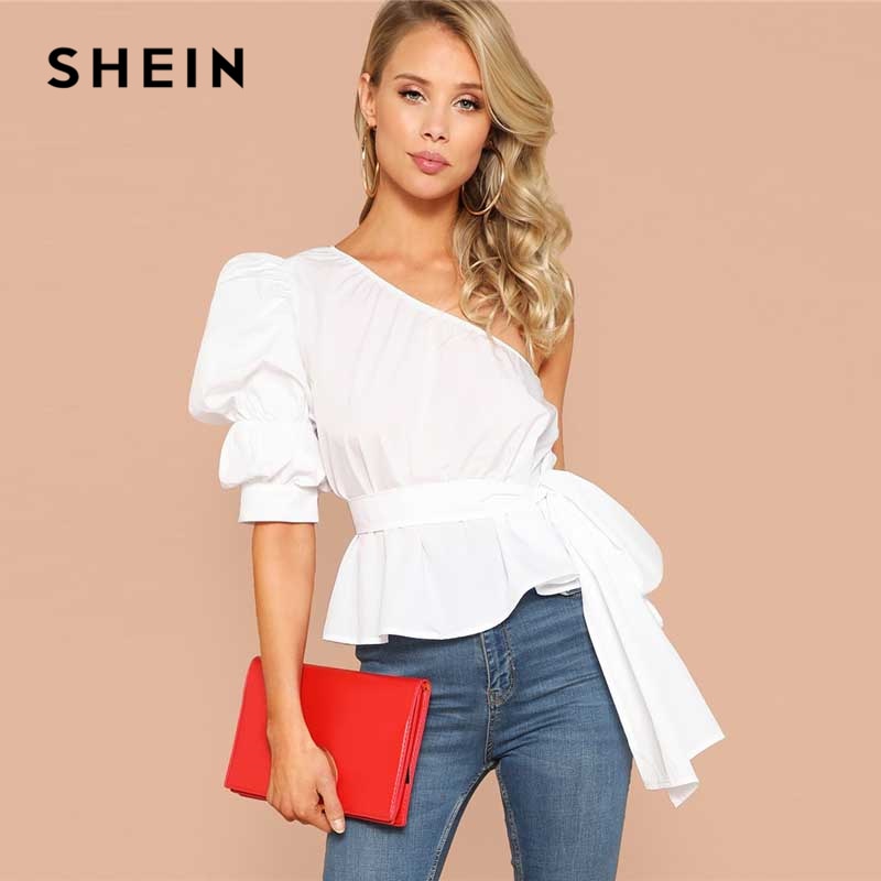 SHEIN Sexy One Shoulder Puff Sleeve Peplum Knot Belted Top Blouse Women Summer 2019 Solid Ruffle Elegant Party Blouses