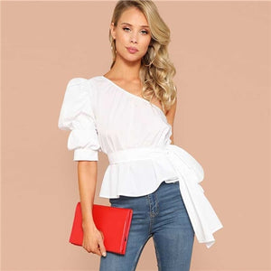 SHEIN Sexy One Shoulder Puff Sleeve Peplum Knot Belted Top Blouse Women Summer 2019 Solid Ruffle Elegant Party Blouses
