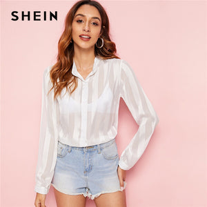 SHEIN White Button Front Striped Sheer Shirt Blouse Women Spring Autumn Long Sleeve Turn-down Collar Casual Tops and Blouses