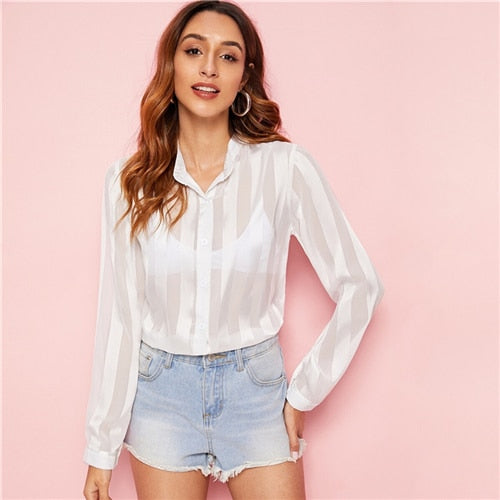 SHEIN White Button Front Striped Sheer Shirt Blouse Women Spring Autumn Long Sleeve Turn-down Collar Casual Tops and Blouses