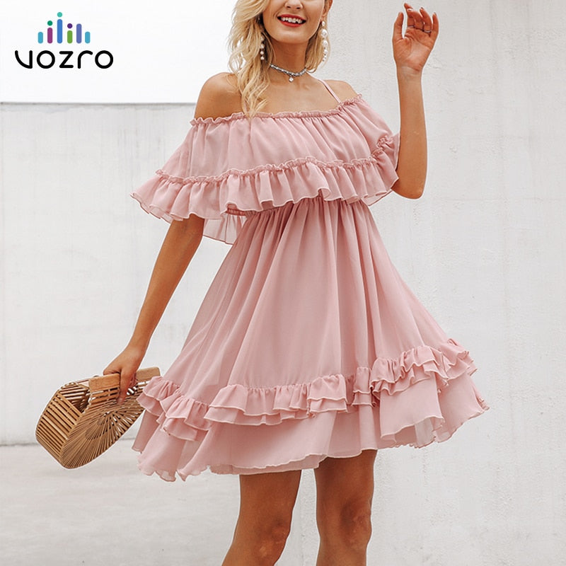 VOZRO Elegant Ruffle Off Shoulder Women Sexy Party Autumn Lace Dress Pink Short Sundress Vestido Dresses Clothes Befree Vintage