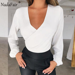 Nadafair Elegant Office Chiffon White Blouse Women Shirts 2019 V Neck Sexy Backless Bow Party Long Sleeve Blouse Ladies Tops