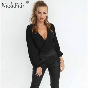Nadafair Elegant Office Chiffon White Blouse Women Shirts 2019 V Neck Sexy Backless Bow Party Long Sleeve Blouse Ladies Tops