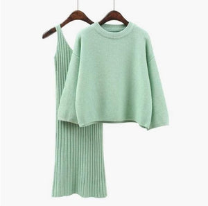 2019 Autumn Winter Women Sweater + Straped Dress Sets Solid Color Female Casual Two-Pieces Suits Loose Pullover Knitwear Suits