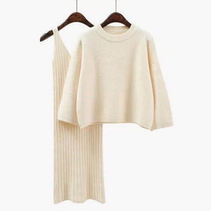 2019 Autumn Winter Women Sweater + Straped Dress Sets Solid Color Female Casual Two-Pieces Suits Loose Pullover Knitwear Suits