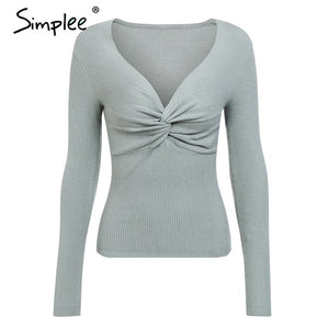 Simplee Criss cross v neck knitted sweater women Long sleeve winter 2018 pullover All match jumper pull femme pink sweater