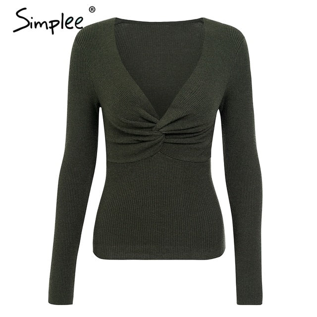 Simplee Criss cross v neck knitted sweater women Long sleeve winter 2018 pullover All match jumper pull femme pink sweater