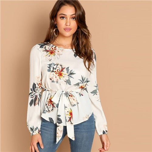 SHEIN White Flower Print Belted Top Puff Shoulder Long Sleeve Round Neck Blouse Women Casual 2019 Spring Tops and Blouses