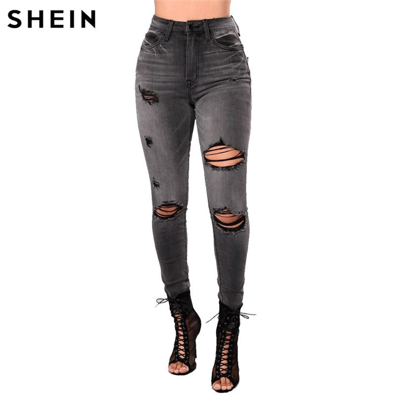 SHEIN Grey Shredded High Waist Jeans Ripped Jeans For Women 2019 Spring High Street Casual Pencil Pants High Waisted Jeans