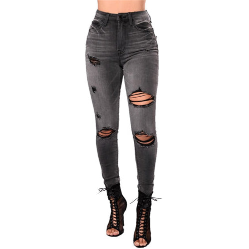 SHEIN Grey Shredded High Waist Jeans Ripped Jeans For Women 2019 Spring High Street Casual Pencil Pants High Waisted Jeans