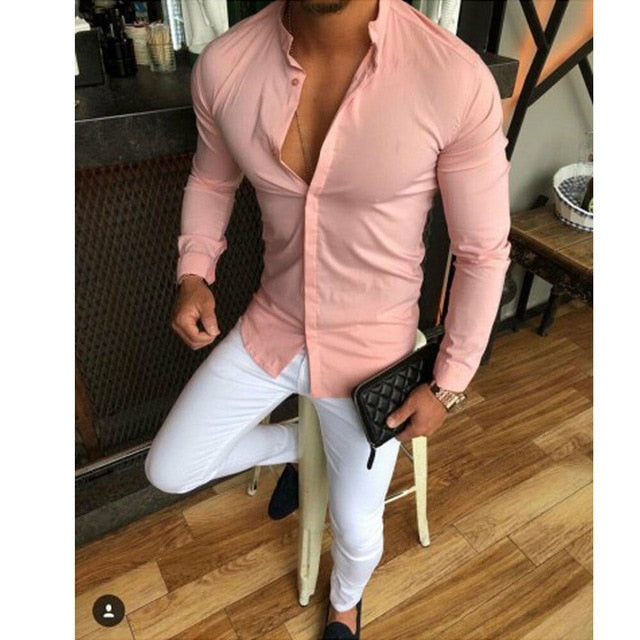 2019 Hot Men's Slim V Neck Long Sleeve Muscle Solid Shirt Casual Shirts Tops Blouse Men Fit Buttons Shirt Drop Shipping