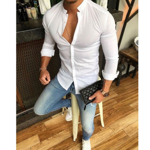 2019 Hot Men's Slim V Neck Long Sleeve Muscle Solid Shirt Casual Shirts Tops Blouse Men Fit Buttons Shirt Drop Shipping