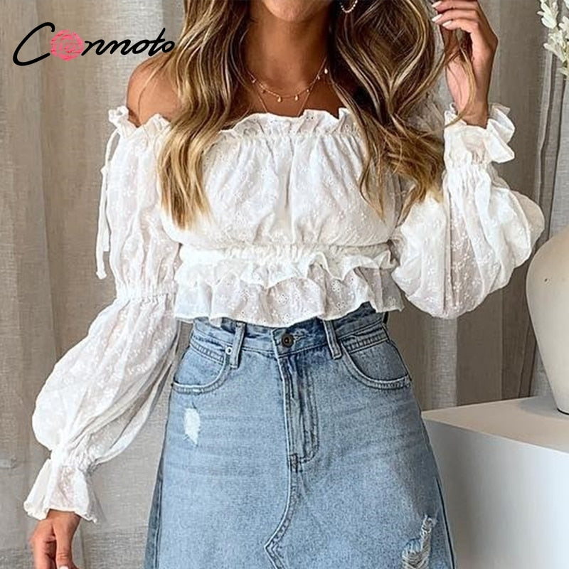Conmoto Vintage White Embroidery Women Crop Tops and Blouse 2019 NEW Off Shoulder Slash Neck Blouse Girl Lantern Sleeve Shirt