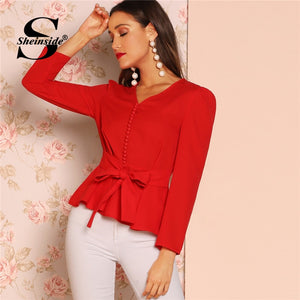 Sheinside Button Detail Belted Peplum Top Female V Neck Long Sleeve Blouse For Women 2019 Spring Womens Tops Elegant Red Blouses