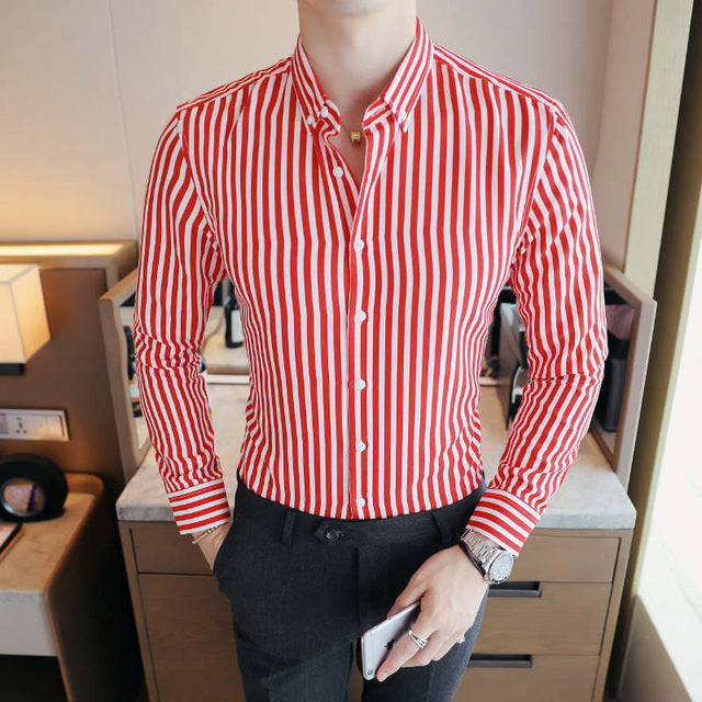 Men's Contrast Vertical Striped Dress Shirts High-quality Comfortable Cotton Long Sleeve Slim-fit Smart Casual Button-down Shirt