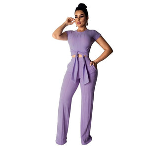 Kniteed Two Pieces Sets Women Clothes O Neck Short Sleeve Bandage Crop Top + Pocket Wide Leg Pants Candy Colors Tracksuit Outfit