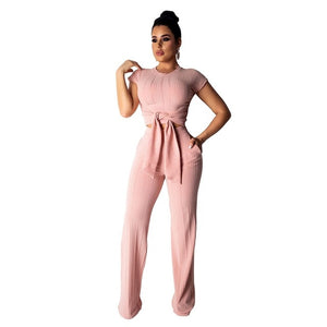Kniteed Two Pieces Sets Women Clothes O Neck Short Sleeve Bandage Crop Top + Pocket Wide Leg Pants Candy Colors Tracksuit Outfit