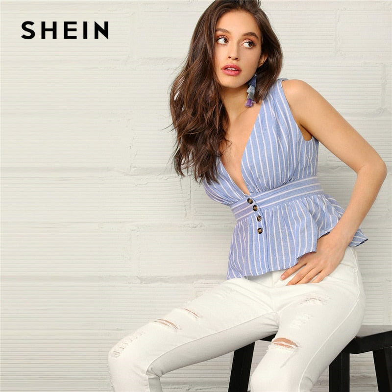 SHEIN Boho Blue Plunging Neck Buttoned Front Peplum Striped Top Blouse Women Summer Sleeveless Sexy Elegant Tops and Blouses