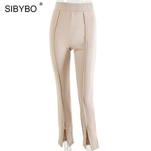 Sibybo High Waist Split Summer Pants Women Fashion Elastic Waist Sexy Pencil Pants Solid Casual Women Trousers 2019