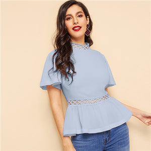 SHEIN Flutter Sleeve Circle Lace Insert Peplum Top Elegant Solid Stand Collar 2019 Summer Short Sleeve Women Blouses