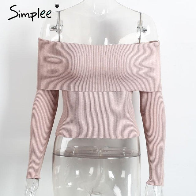 Simplee off shoulder elastic winter sweater women Short gray lapel pullover sexy white jumpers Autumn bodycon basic knitwear top