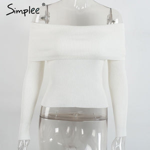 Simplee off shoulder elastic winter sweater women Short gray lapel pullover sexy white jumpers Autumn bodycon basic knitwear top