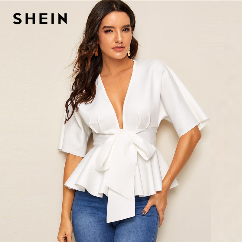 SHEIN Plunge Neck Tie Waist Peplum Top White Solid Slim Fit Womens Tops and Blouses Sexy Deep V Neck Summer Short Sleeve Blouse